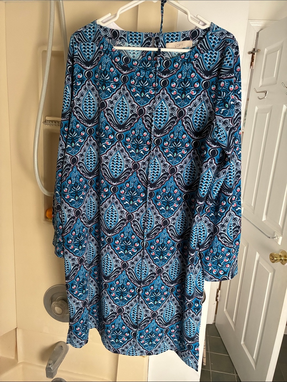 LOFT Blue Navy Printed Long Sleeve Dress